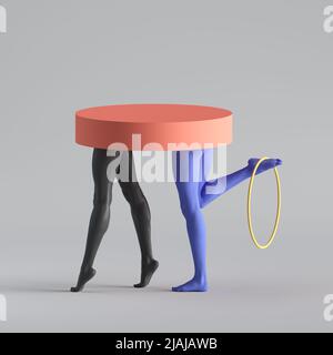 3d render, abstract surreal fashion concept, funny contemporary art sculpture. Colorful geometric shapes and black human model legs. Empty podium Stock Photo