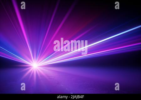 3d render, stage lighting, shining star rays with lens flare effect, glowing neon light, over black background. Abstract image of disco lights Stock Photo