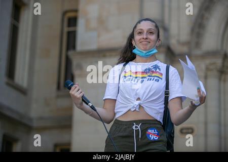 Isabela Giosi, CEGEP student from Montreal, speaks about protecting her future and her choices during the demonstration. Protesters marched against the controversial Bill-96 at Dawson College. Proposed by the party Coalition Avenir Québec (CAQ), Québec's Premier François Legault, believes the law will protect French culture and language in Canada. The English community believes the law will have catastrophic consequences in the province, impacting access to education, justice and healthcare. Stock Photo