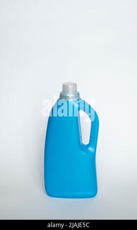 Large blue plastic bottle with gel for washing isolated on a white background. Laundry container, merchandise template. Stock Photo
