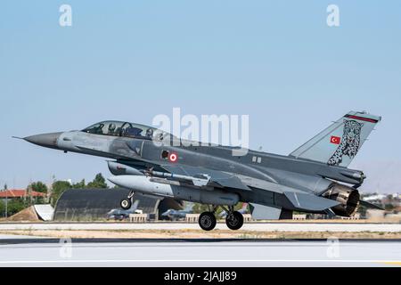 Turkish Air Force F-16D Block 50+ taking off from Konya Air Base, Turkey, during Exercise Anatolian Eagle. Stock Photo