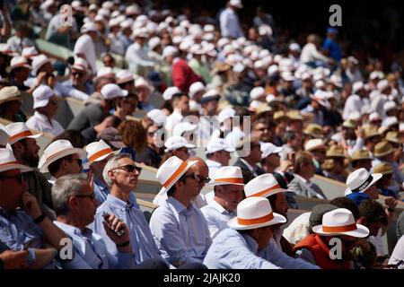 Paris, France. 30th May, 2022. Spectators are seen during the men's singles fourth round match against Holger Rune of Denmark at the French Open tennis tournament at Roland Garros in Paris, France, May 30, 2022. Credit: Meng Dingbo/Xinhua/Alamy Live News Stock Photo