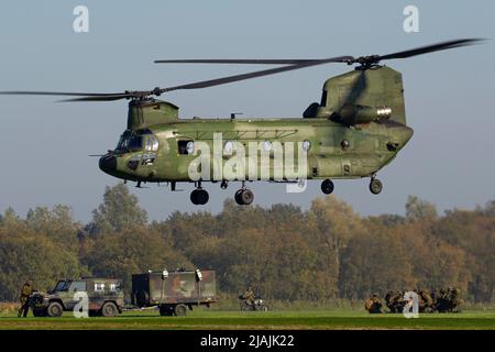 A Royal Netherlands Air Force CH-47 Chinook takes off during a military exercise. Stock Photo