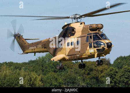 A French Army SA330 Puma transport helicopter kicking leaves while landing. Stock Photo