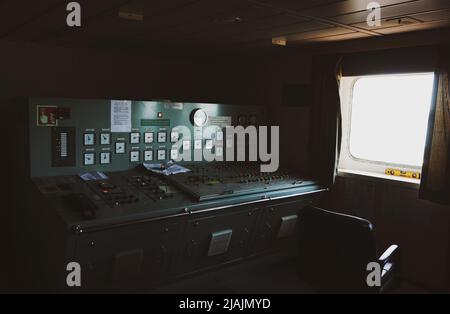 Ballast control console of a cargo ship. A cape sized bulk carrier. Stock Photo