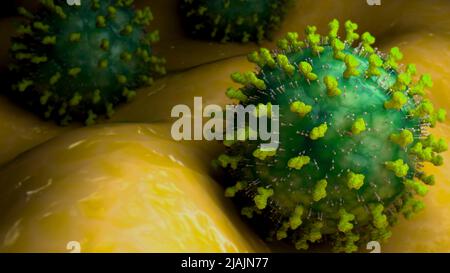 Conceptual biomedical illustration of the Molluscum contagiosum virus on surface. Stock Photo