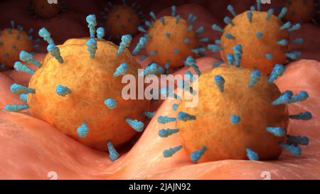 Conceptual biomedical illustration of rubeola measles virus on surface. Stock Photo