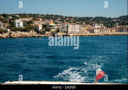 View from seaside on Provencal Cassis, boat excursion to Calanques national park in Provence, France Stock Photo