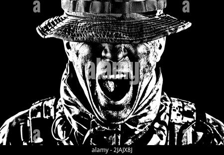 Angry military soldier yelling, with eyes hidden behind boonie hat, isolated on black background. Stock Photo