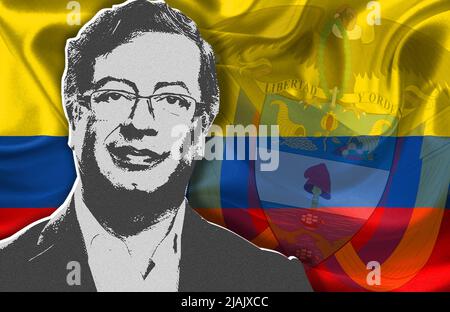 Gustavo Petro, the flag and the coat of arms of Colombia Stock Photo