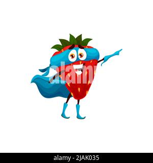 Cartoon strawberry superhero personage, vector fruit food. Funny berry guard character in super hero costume, blue mask, cape and gloves, brave and strong strawberry emoji Stock Vector