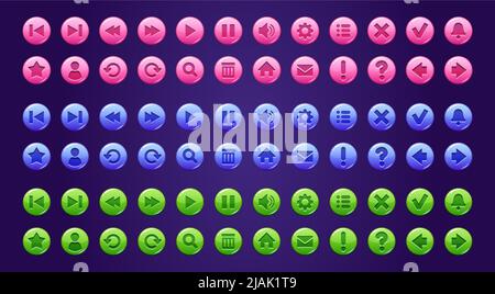 Web circle buttons with symbols of home, search, play, mail, arrows, sound, check and cross mark. Vector cartoon set of game ui elements, color glossy icons isolated on background Stock Vector