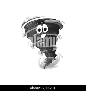 Cartoon smiling tornado vortex character, funny vector storm whirl personage. Black whirlwind twister, cyclone funnel with friendly face. Isolated hurricane swirl, natural disaster Stock Vector