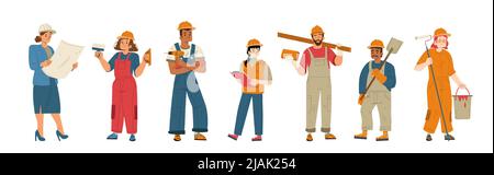 Builders and construction workers in helmets. Vector flat illustration of diverse people working in building industry, men and women architect, painter, engineers and repairman Stock Vector