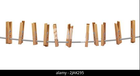 Clothespins, pegs on laundry rope, clothesline string with hanging clips, vector. Clothespins and clothes pegs on laundry rope line, wooden clamp pins on cord on empty white background Stock Vector