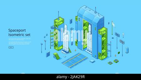 Spaceport isometric set with rocket on cosmodrome with hangar and launchpad. Vector horizontal banner with axonometric illustration of autonomous spaceship or shuttle Stock Vector