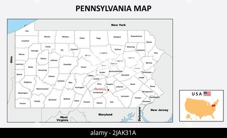 Pennsylvania Map. Political map of Pennsylvania with boundaries in white color. Stock Vector