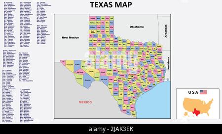 Texas Map. State and district map of Texas. Political map of Texas with neighboring countries and borders. Stock Vector