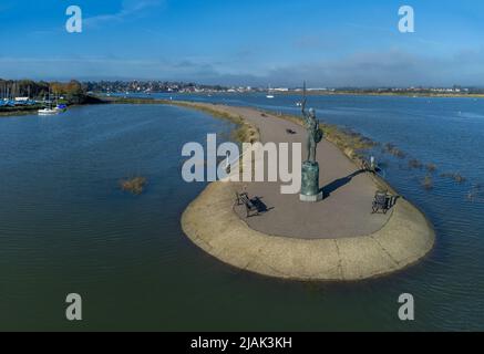Byrhtnoth statue at the esplanade of the tourist town of Maldon in Essex, England. Drone aerial birds eye view Stock Photo