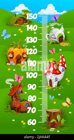 Kids height chart ruler village of gnome or elf cartoon houses. Vector growth meter with amanita mushroom, stump, pumpkin and hillock or boot cottages on green meadow children scale, wall sticker Stock Vector