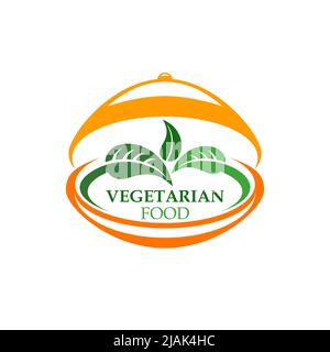 Vegetarian food vector icon with green salad leaves and fresh leaf vegetables on serving tray with lid. Healthy vegan food and organic farm product isolated symbol of vegetarian restaurant or cafe Stock Vector