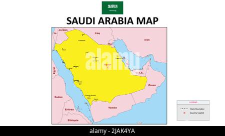 Saudi Arabia map. Political map of Saudi Arabia. Saudi Arabia Map with yellow color. Stock Vector