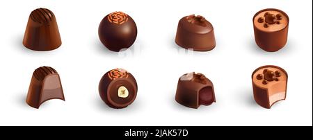Realistic chocolate stuffed set with isolated icons of ornate choco candies with shadows on blank background vector illustration Stock Vector