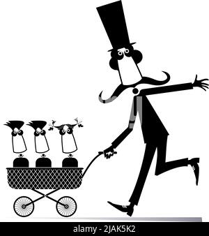 Cartoon man with children in the baby carriage.  Cheerful man in the top hat rolling a baby carriage with three children in. Black on white background Stock Vector