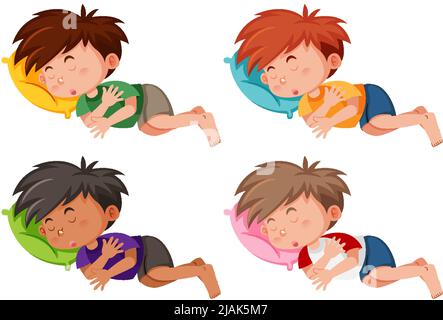 Set of little boys sleeping on pillows illustration Stock Vector