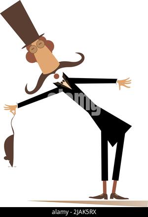 Man in the top hat holds a rat, mouse.  Cartoon long mustache gentleman in the top hat holds rat or mouse by tail isolated on white background Stock Vector