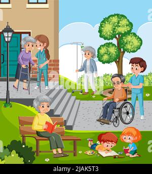 Outdoor park with elderly people and caregivers illustration Stock ...