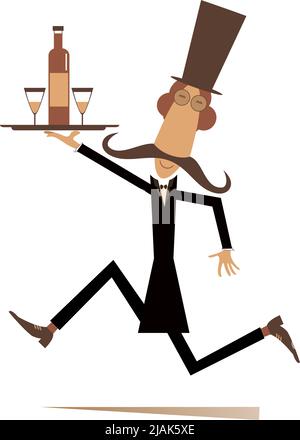 Comic man carries a tray with a bottle and glasses.  Cartoon long mustache man in the top hat carries a tray with alcohol drink and drinking glasses Stock Vector