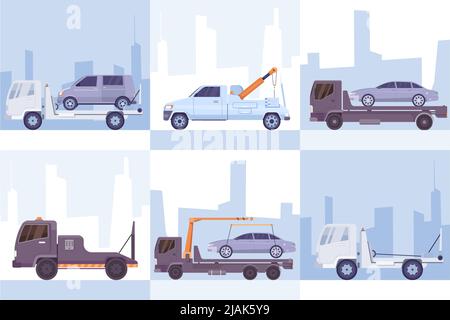 Car evacuation six square compositions set of city tow trucks towed auto transport flat vector illustration Stock Vector