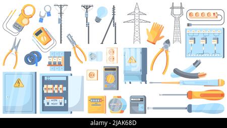 Electricity tools and equipment set with meter pliers screwdrivers electric switchboard box power switcher rosette flat vector illustration Stock Vector