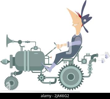 Farmer driving tractor. Cartoon smiling farmer driving tractor in countryside. Isolated on white background Stock Vector