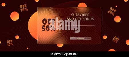 Glass morphism effect. Set of transparent frosted acrylic buttons and loading bars. Orange yellow gradient circles on dark brown background. Realistic Stock Vector