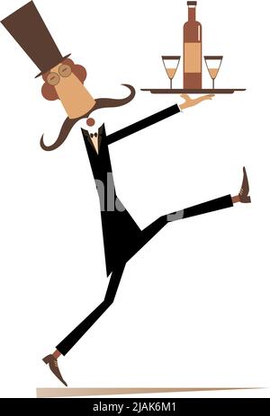 Comic man carries a tray with a bottle and glasses.  Running long mustache man in the top hat carries a tray with alcohol drink and drinking glasses Stock Vector