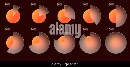 Glass morphism effect. Set of transparent frosted acrylic chart infographic percent. Orange yellow gradient circles on dark brown background Stock Vector