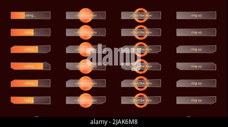 Glass morphism effect. Set of transparent frosted acrylic buttons and loading bars. Orange yellow gradient circles on dark brown background. Realistic Stock Vector