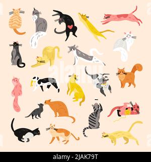 Various cats character set of isolated icons with pets of different hair color and spots shape vector illustration Stock Vector