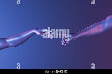 3D rendering of crop unrecognizable people reaching out hands toward each other against bright blue background in neon illumination and showing concep Stock Photo