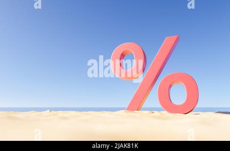 3D rendering of pink percent sign on sandy beach near calm sea against cloudless blue sky Stock Photo