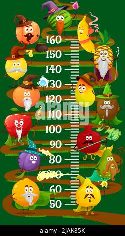 Cartoon fruit magician, wizard kids height chart, growth measure meter. Vector apricot, watermelon, banana and pineapple, mango or kiwi and garnet. Quince, pear, orange and plum, apple and lemon Stock Vector