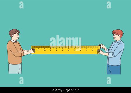 Smiling men holding ruler work on repairing project together. Male friends with tape take measurements. Mechanic and engineering concept. Vector illustration.  Stock Vector