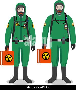 Detailed illustration of workers man and woman in green protective suits on white background in flat style. Dangerous profession. Vector illustration. Stock Vector
