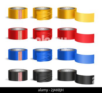 Tape roll bright colored pieces realistic set isolated vector illustration Stock Vector