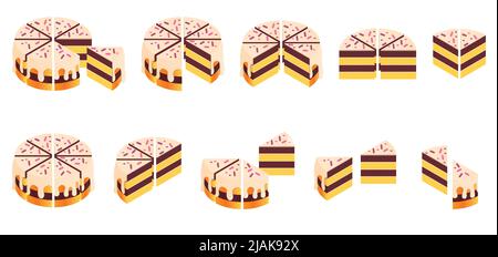 Cakes for events isometric set of isolated icons with round cake cut into slices individual pieces vector illustration Stock Vector