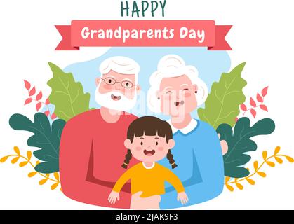 Happy Grandparents Day Cute Cartoon Illustration with Grandchild, Older Couple, Flower Decoration, Grandpa and Grandma in Flat Style for Poster Stock Vector