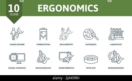 Ergonomics set icon. Editable icons ergonomics theme such as human genome, biochemistry, laboratory and more Stock Vector