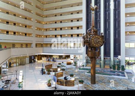 Moscow, Russia - May 30, 2022: World Trade Center in Moscow. Interior and architecture of the hotel lobby and hall Crowne Plaza. High quality photo Stock Photo